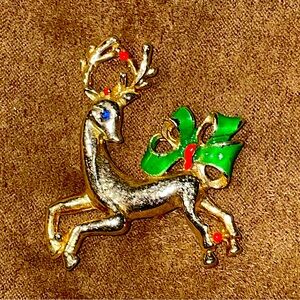 Brooch / Pin, Gerry, Christmas Reindeer, Enamel & Gold Tone, Vintage